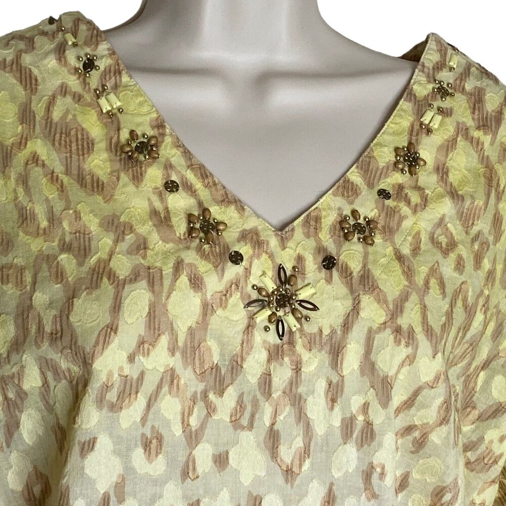 16W Women's Tunic Alfred Dunner Cotton Yellow Beige V-Neck Beaded Gold Neckline
